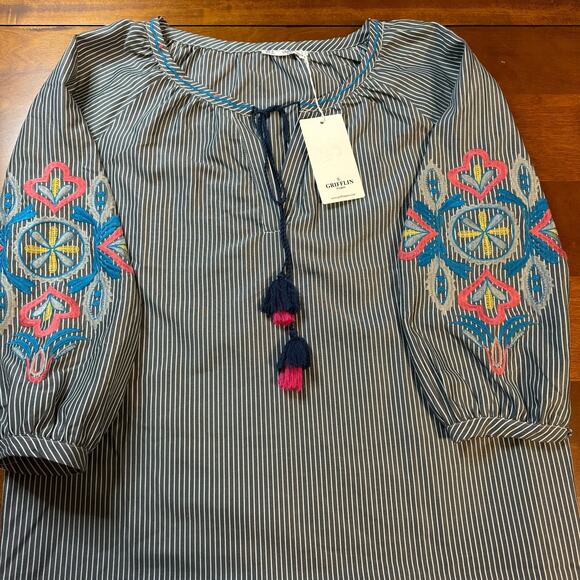 Grifflin Paris Black White Striped Embroidered Sleeve Tunic Dress Size Small - Picture 6 of 13